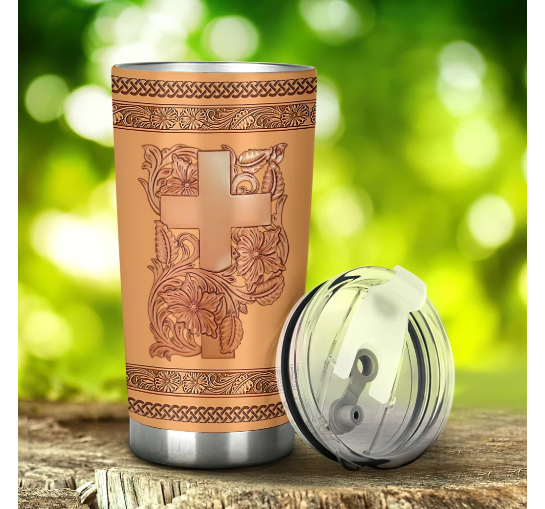 God Cross Wood Mandala Flowers 3d Printed Insulated Coffee Skinny Cup Double Walled Hot & Cold Drinks Tumbler 20-30oz With Lid, Travel Coffee Mug