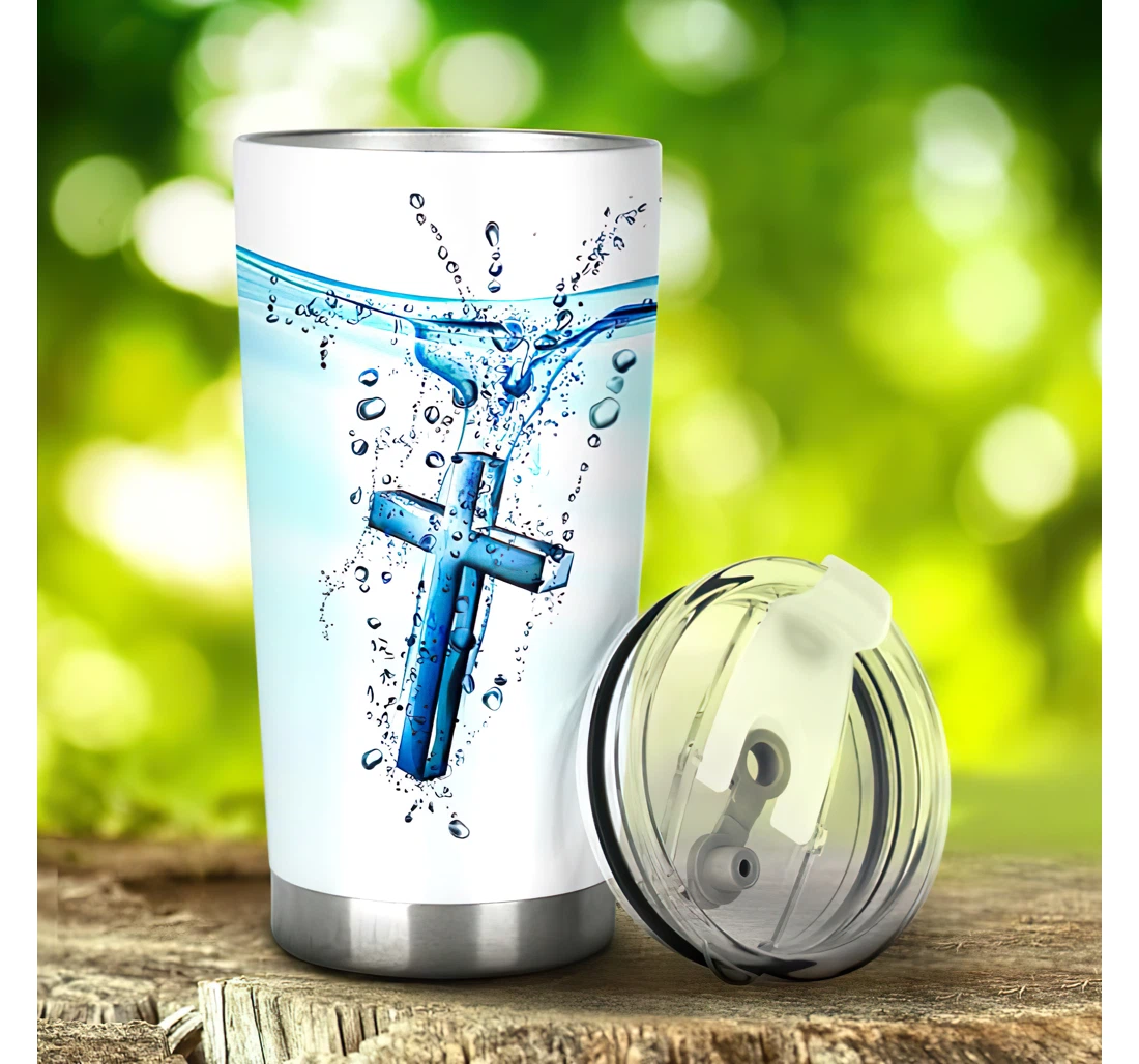 Blue Jesus God Cross In Water 3d Printed Insulated Coffee Skinny Cup Double Walled Hot & Cold Drinks Tumbler 20-30oz With Lid, Travel Coffee Mug