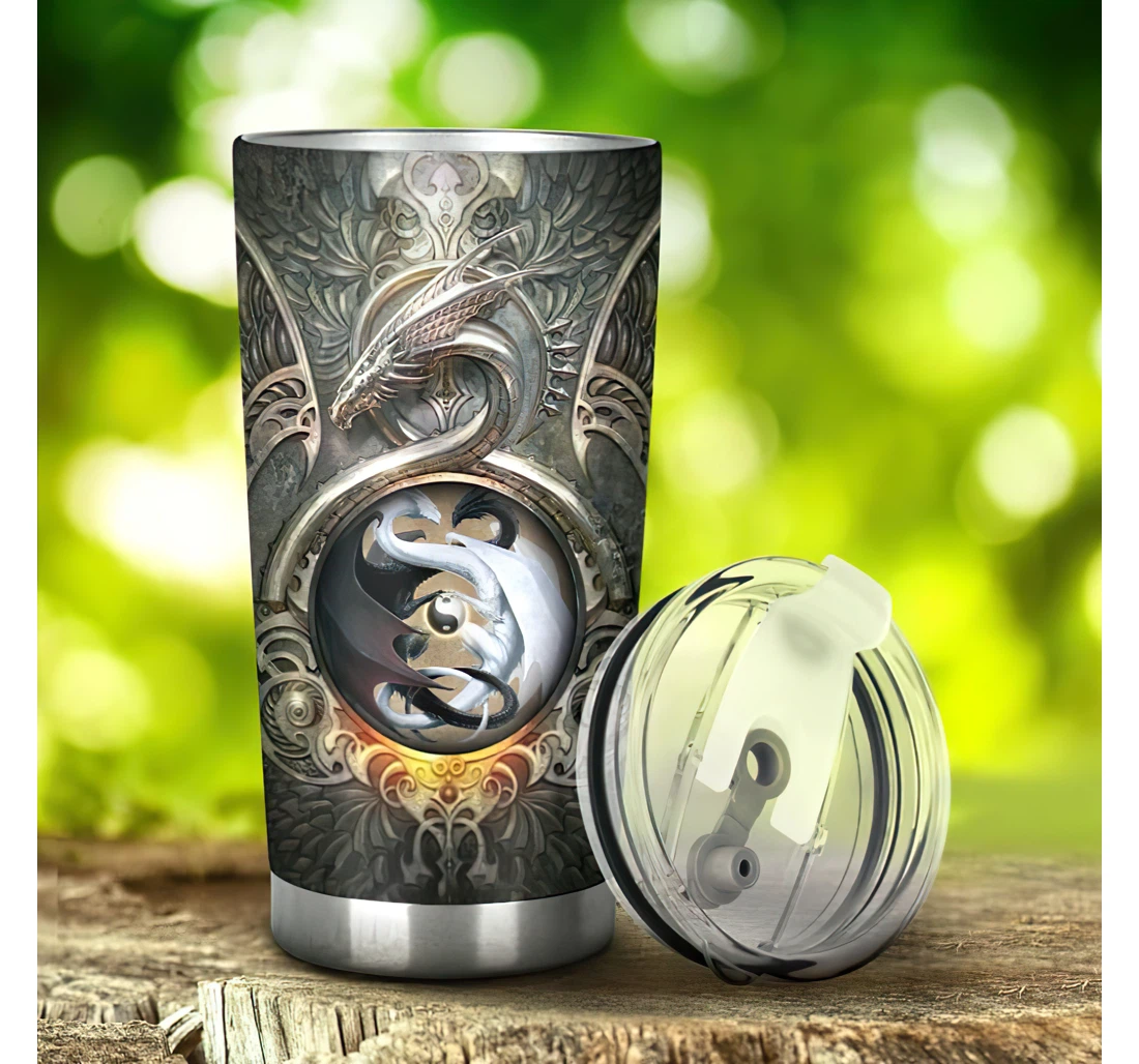 Dragon Yin & Yang 3d Printed Insulated Coffee Skinny Cup Double Walled Hot & Cold Drinks Tumbler 20-30oz With Lid, Travel Coffee Mug