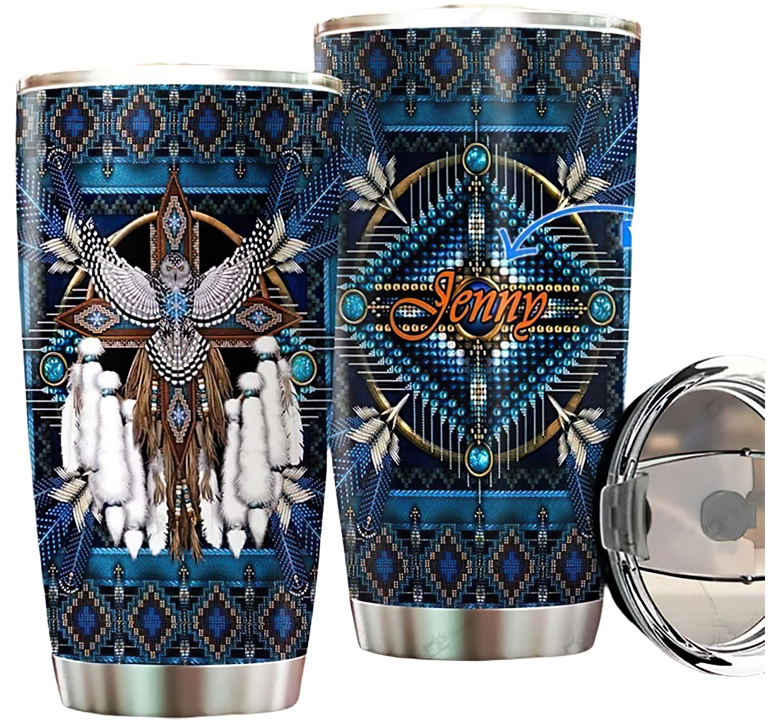 Personalized Name Owl Native Blue Pattern Or Perfect Gifts Birthday Father's Day 4th Of July Veterans Day Tumbler 20-30oz With Lid, Travel Coffee Mug