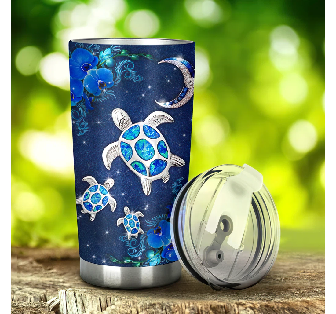 Silver Diamond Turtles And Blue Flowers 3d Printed Insulated Coffee Skinny Cup Double Walled Hot & Cold Drinks Tumbler 20-30oz With Lid, Travel Coffee