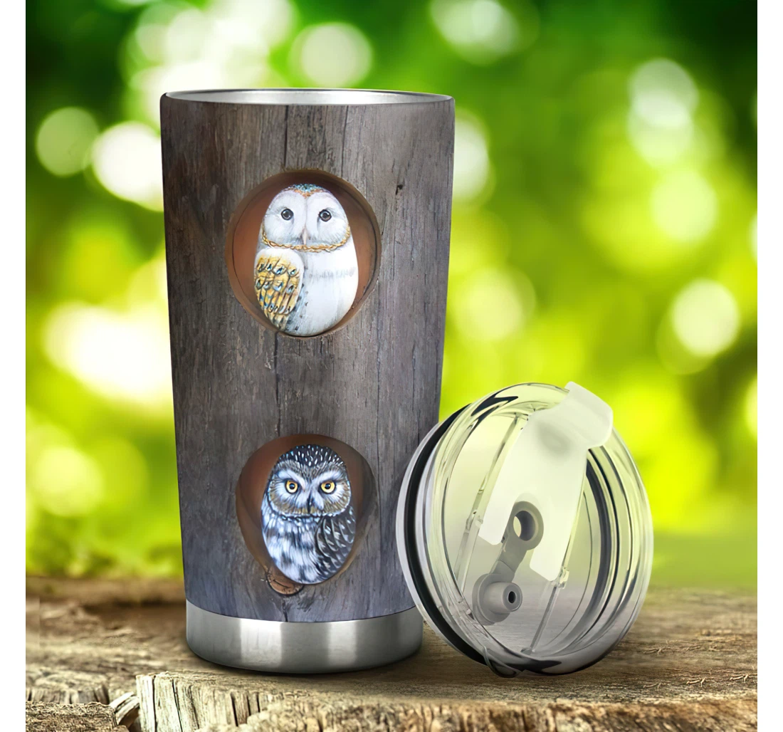 Owl Handmade Wood 3d Printed Insulated Coffee Skinny Cup Double Walled Hot & Cold Drinks Tumbler 20-30oz With Lid, Travel Coffee Mug