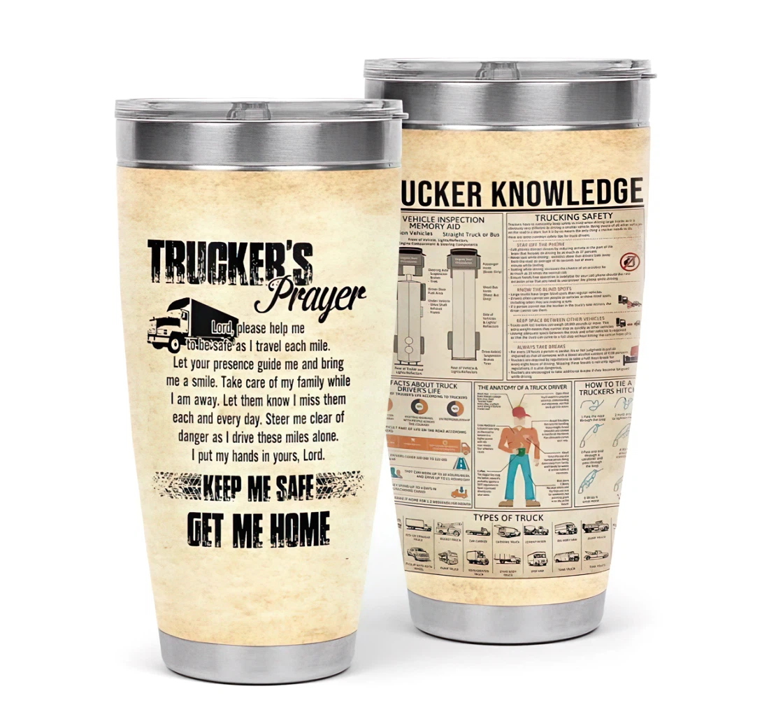 Trucker Knowledge Trucker's Prayer Keep Me Safe 3d Printed Insulated Coffee Skinny Cup Double Walled Hot & Cold Drinks Tumbler 20oz With Lid, Travel