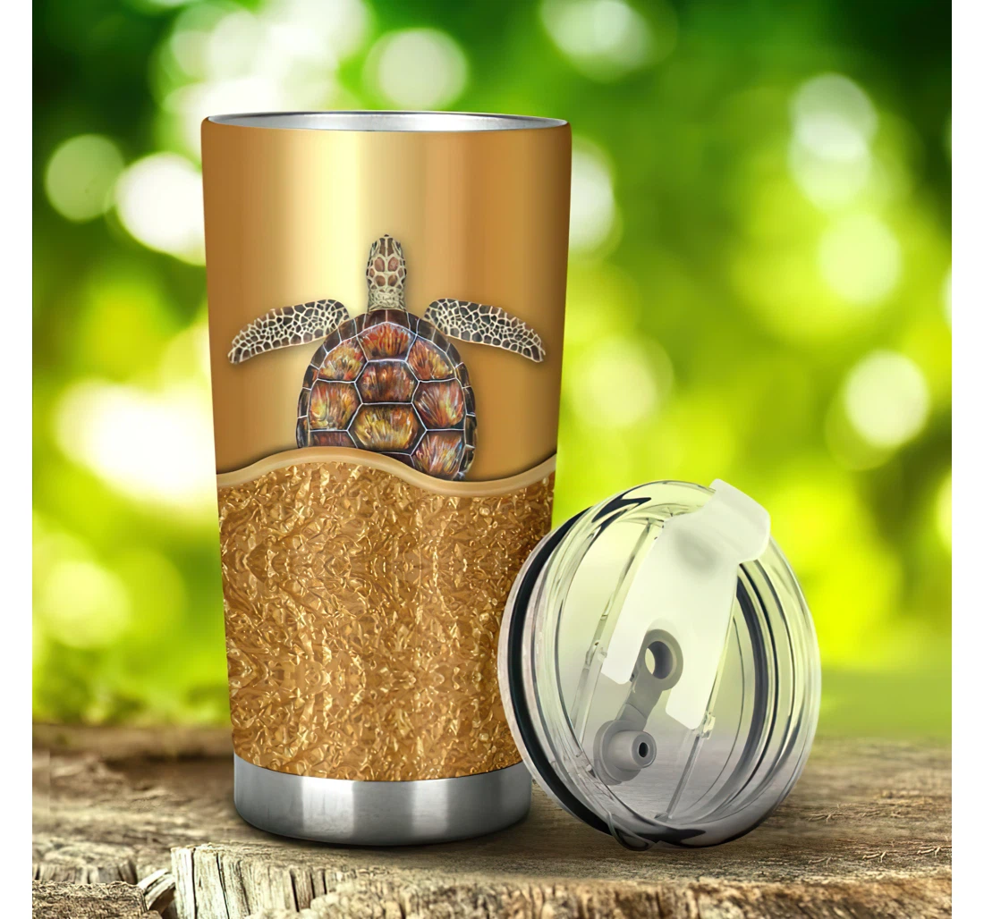 Turtle Golden Background Style 3d Printed Insulated Coffee Skinny Cup Double Walled Hot & Cold Drinks Tumbler 20-30oz With Lid, Travel Coffee Mug