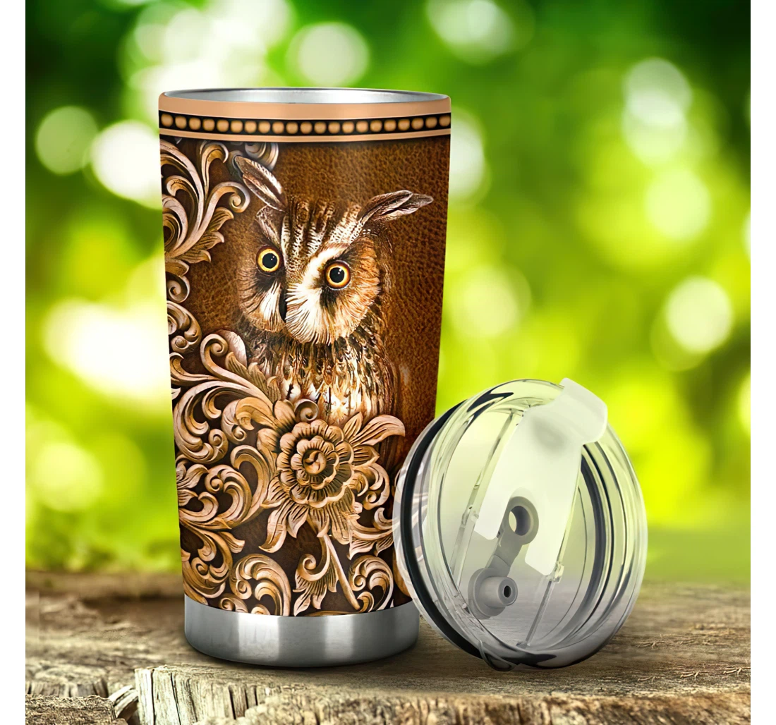 Owl Wood Carving 3d Printed Insulated Coffee Skinny Cup Double Walled Hot & Cold Drinks Tumbler 20-30oz With Lid, Travel Coffee Mug