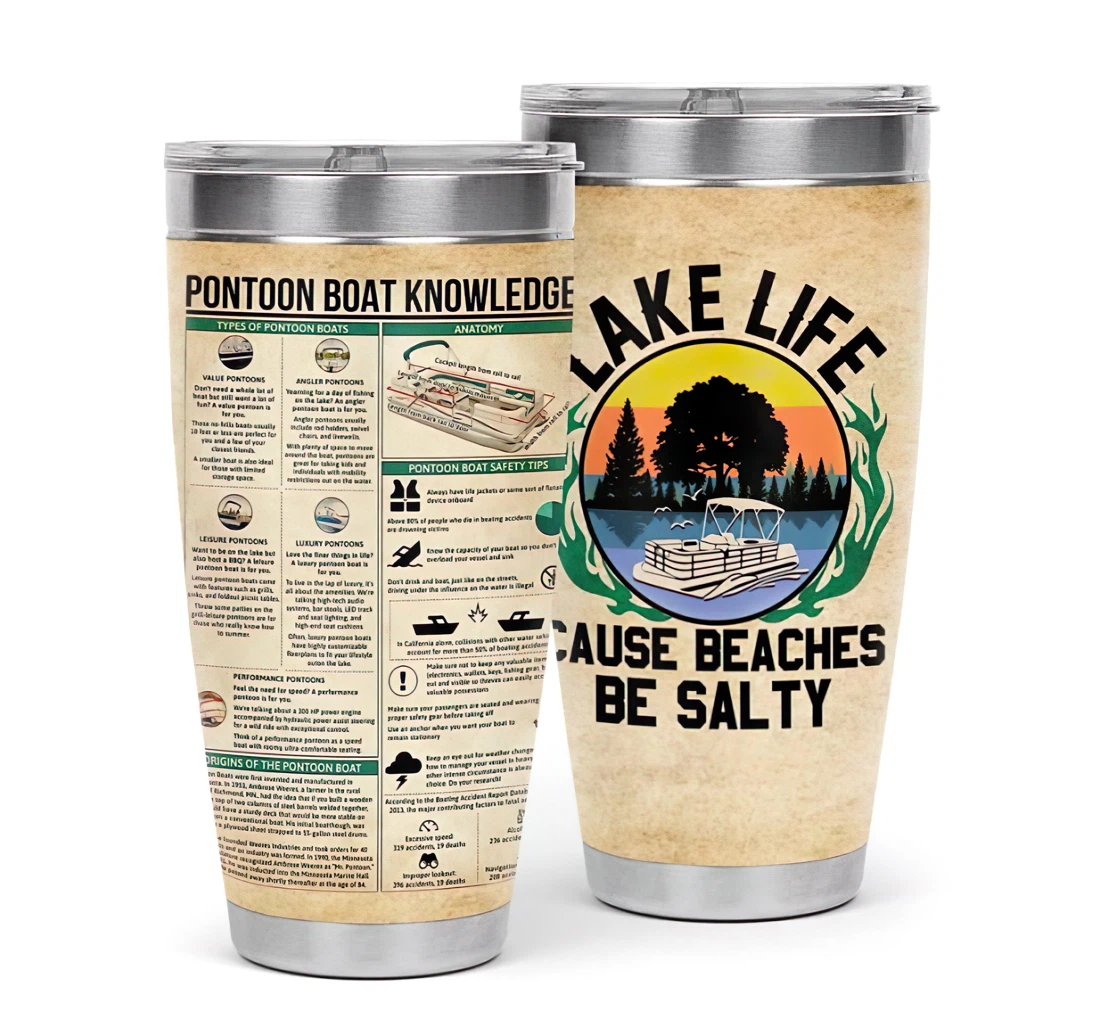 Pontoon Knowledge Lake Life Because Beaches Be Salty 3d Printed Insulated Coffee Skinny Cup Double Walled Hot & Cold Drinks Tumbler 20oz With Lid, Mug