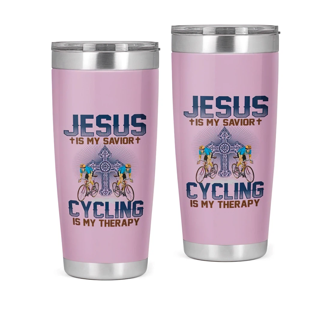 Jesus Is My Saviour Cycling Is My Therapy 3d Printed Insulated Coffee Skinny Cup Double Walled Hot & Cold Drinks Tumbler 20oz With Lid, Travel Coffee