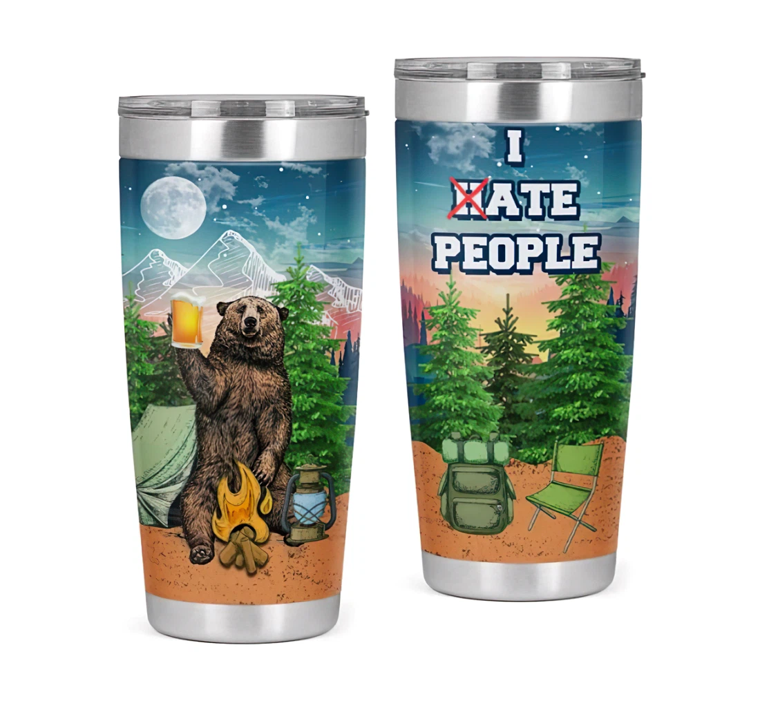 Camping Moon Night Bear With Beer I Hate People 3d Printed Insulated Coffee Skinny Cup Double Walled Hot & Cold Drinks Tumbler 20oz With Lid, Travel