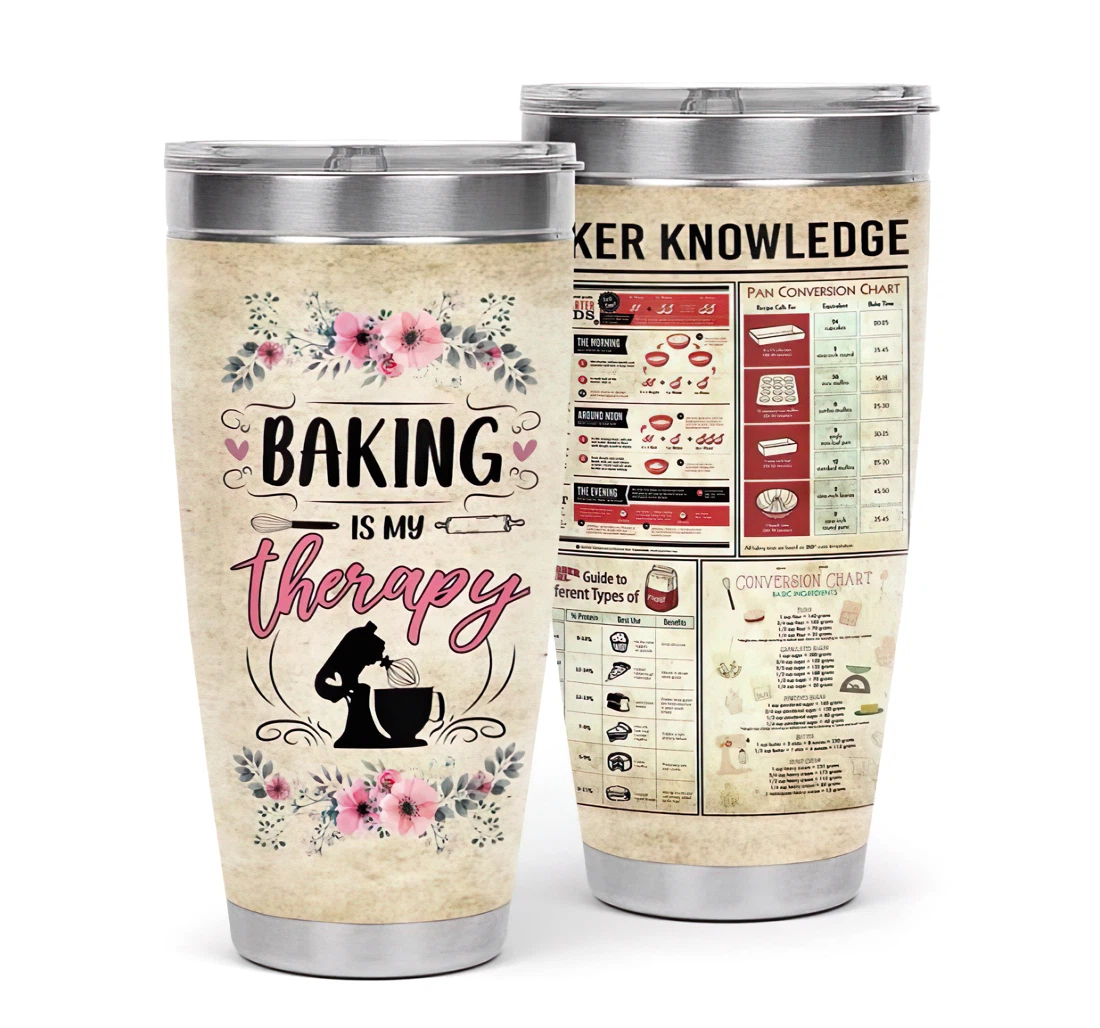 Baking Is My Therapy Baker Knowledge Pink Hibiscus 3d Printed Insulated Coffee Skinny Cup Double Walled Hot & Cold Drinks Tumbler 20oz With Lid, Mug