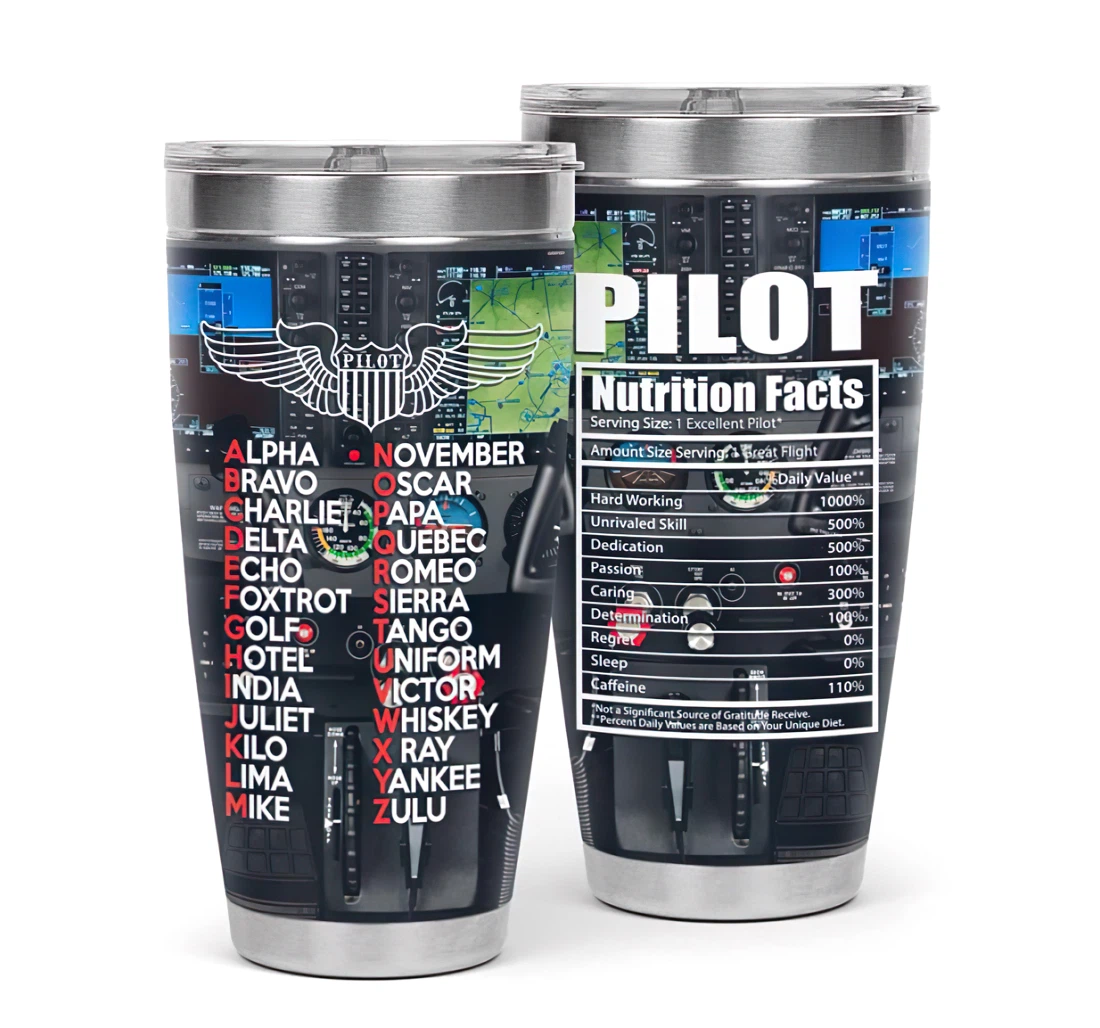 Pilot Nutrition Facts Alphabet 3d Printed Insulated Coffee Skinny Cup Double Walled Hot & Cold Drinks Tumbler 20oz With Lid, Travel Coffee Mug