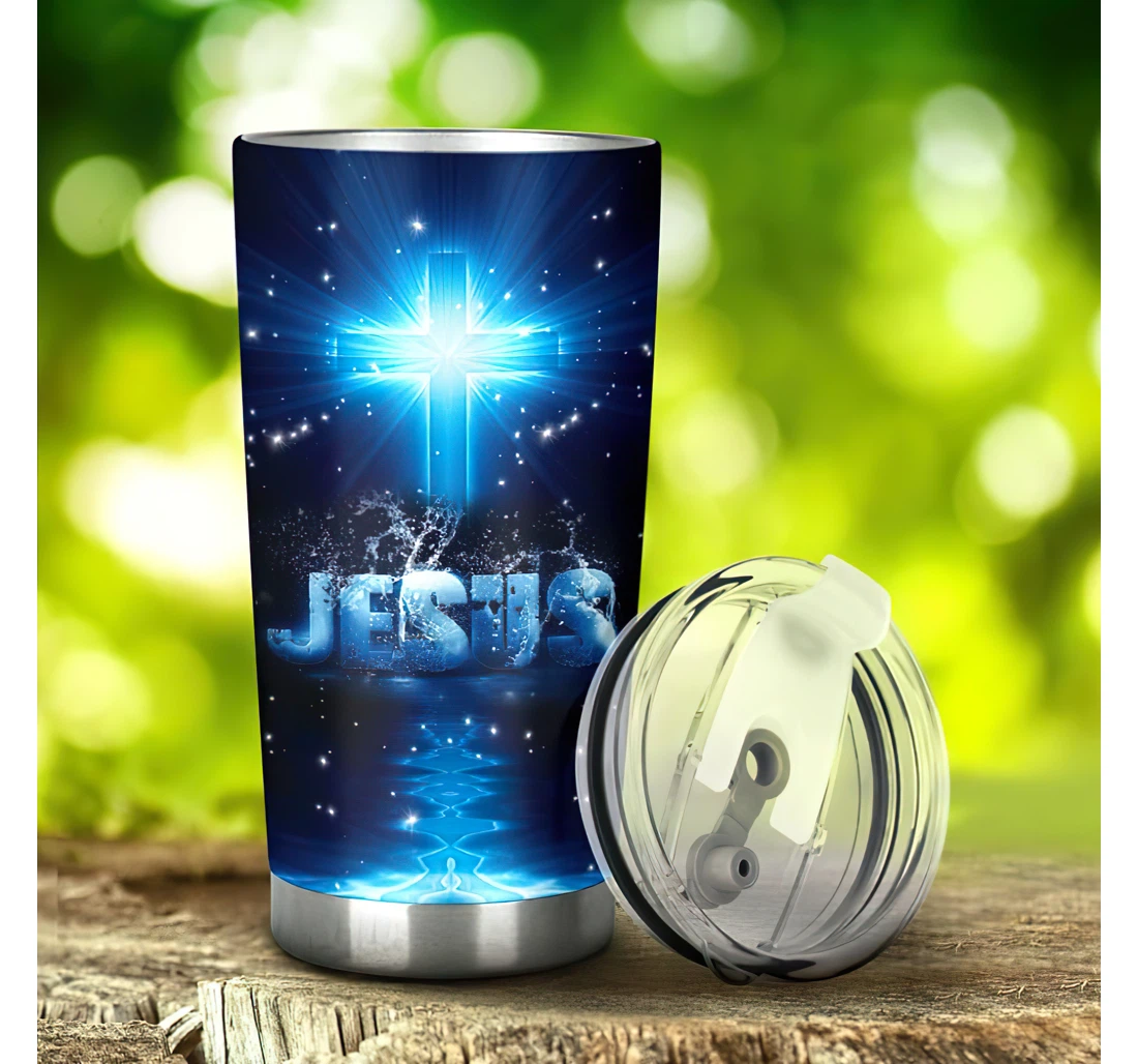 Jesus My God Cross Blue Light 3d Printed Insulated Coffee Skinny Cup Double Walled Hot & Cold Drinks Tumbler 20-30oz With Lid, Travel Coffee Mug