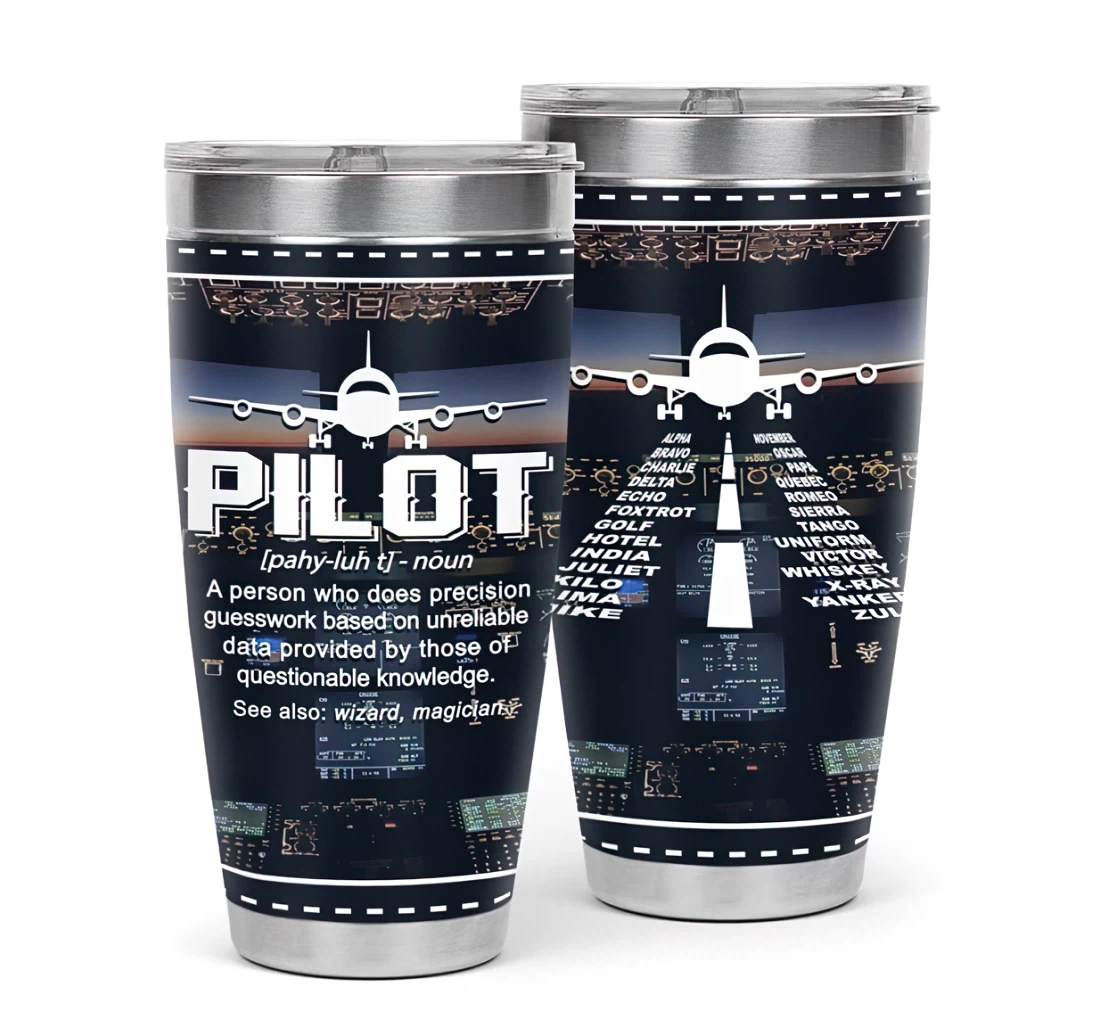 Pilot Definition 3d Printed Insulated Coffee Skinny Cup Double Walled Hot & Cold Drinks Tumbler 20oz With Lid, Travel Coffee Mug