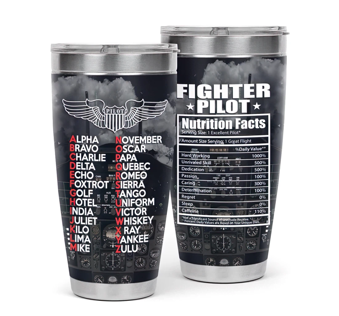 Fighter Pilot Nutrition Facts 3d Printed Insulated Coffee Skinny Cup Double Walled Hot & Cold Drinks Tumbler 20oz With Lid, Travel Coffee Mug