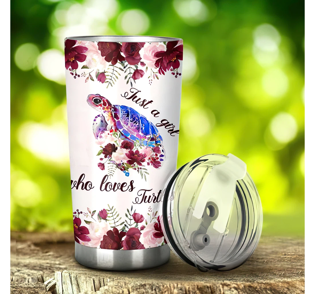 Girl Loves Turtle Pink Flowers 3d Printed Insulated Coffee Skinny Cup Double Walled Hot & Cold Drinks Tumbler 20-30oz With Lid, Travel Coffee Mug