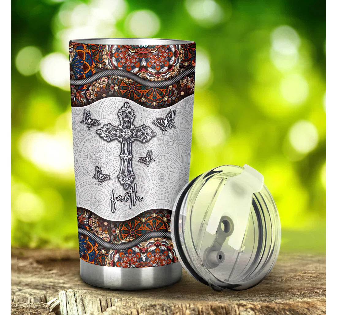 God Faith Cross Mandala 3d Printed Insulated Coffee Skinny Cup Double Walled Hot & Cold Drinks Tumbler 20-30oz With Lid, Travel Coffee Mug