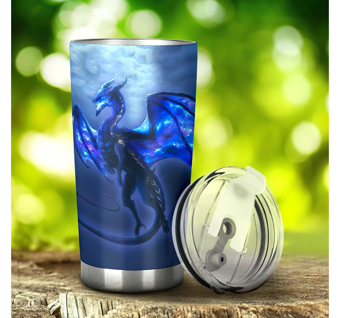 Dragon Light Blue 3d Printed Insulated Coffee Skinny Cup Double Walled Hot & Cold Drinks Tumbler 20-30oz With Lid, Travel Coffee Mug