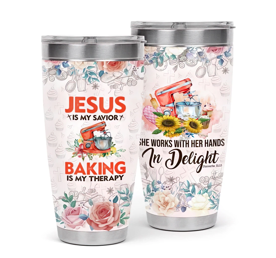 Jesus Is My Savior Baking Is My Therapy In Delight 3d Printed Insulated Coffee Skinny Cup Double Walled Hot & Cold Drinks Tumbler 20oz With Lid, Mug