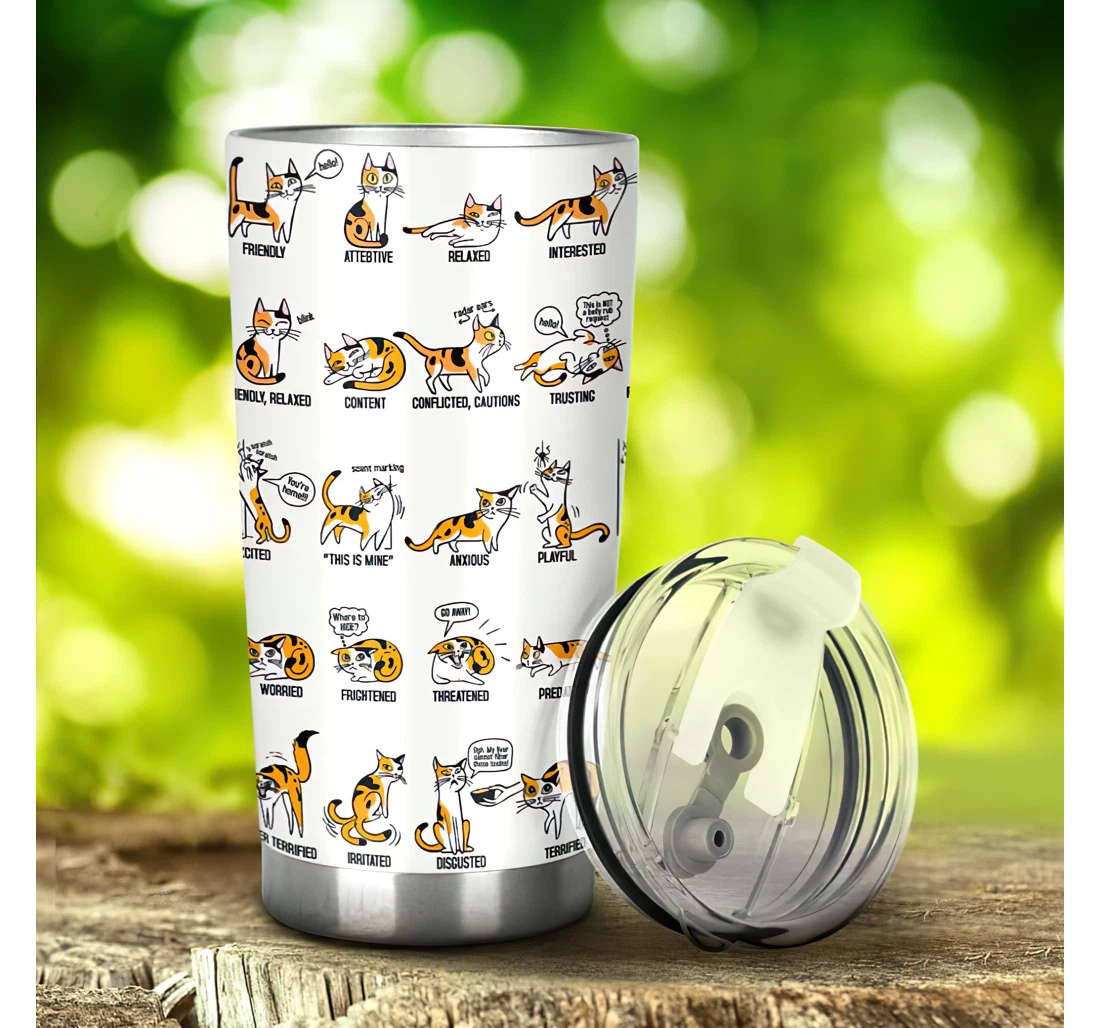 Calico Cats Language 3d Printed Insulated Coffee Skinny Cup Double Walled Hot & Cold Drinks Tumbler 20-30oz With Lid, Travel Coffee Mug