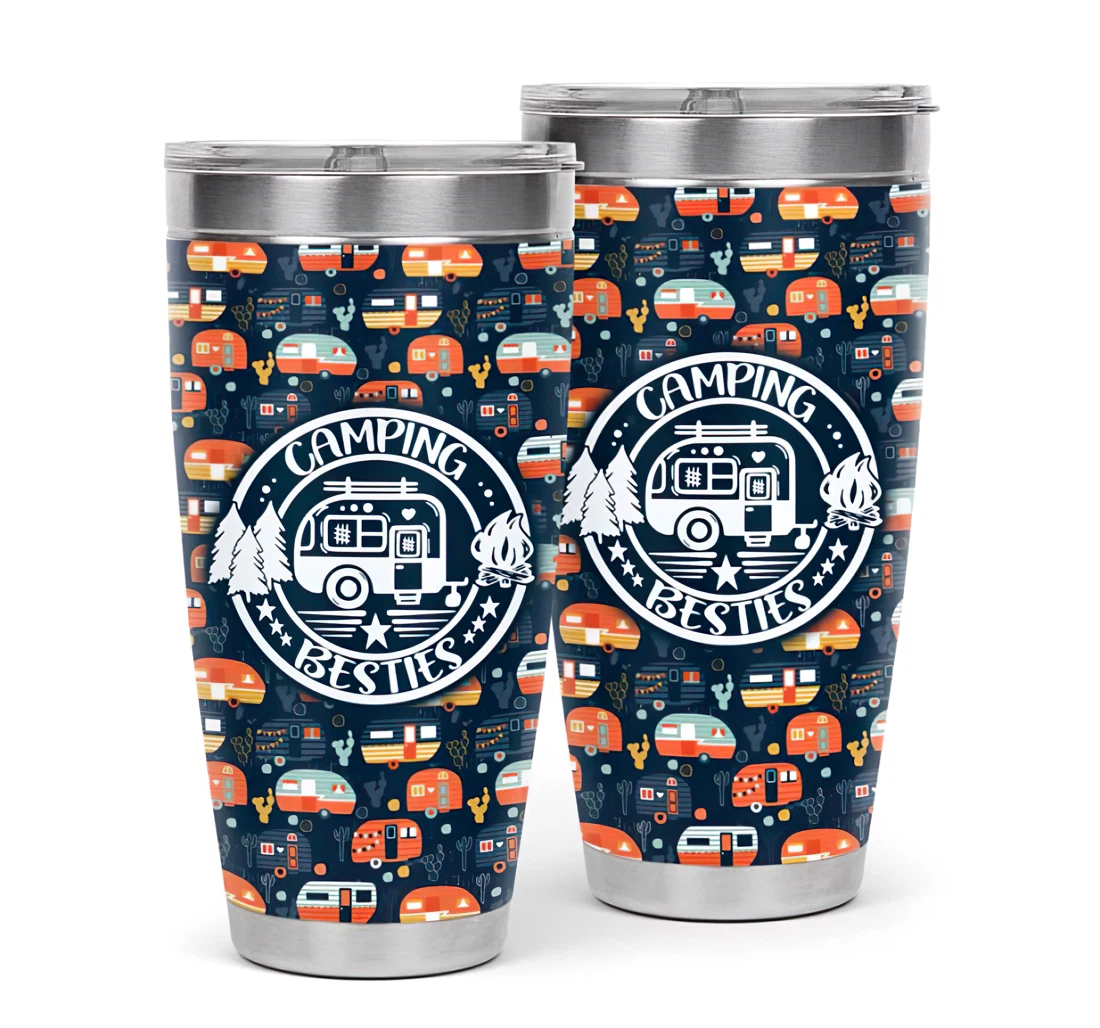 Camping Besties Bus Pattern 3d Printed Insulated Coffee Skinny Cup Double Walled Hot & Cold Drinks Tumbler 20oz With Lid, Travel Coffee Mug