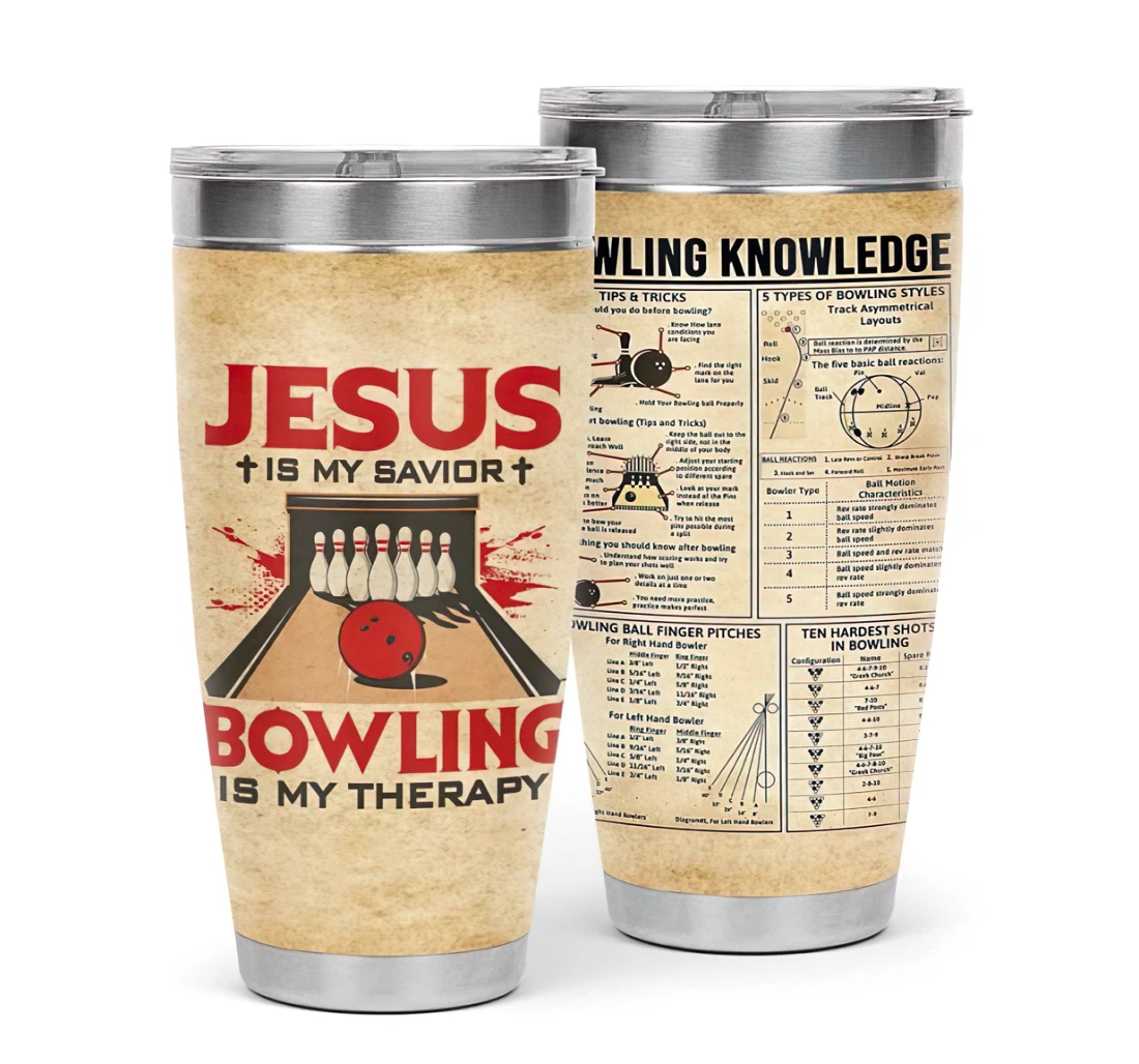 Jesus Is My Savior Bowling Is My Therapy 3d Printed Insulated Coffee Skinny Cup Double Walled Hot & Cold Drinks Tumbler 20oz With Lid, Travel Coffee