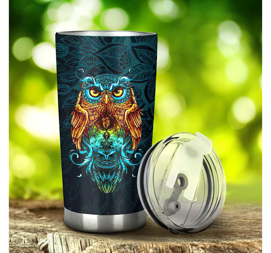 Owl Light Mandala 3d Printed Insulated Coffee Skinny Cup Double Walled Hot & Cold Drinks Tumbler 20-30oz With Lid, Travel Coffee Mug