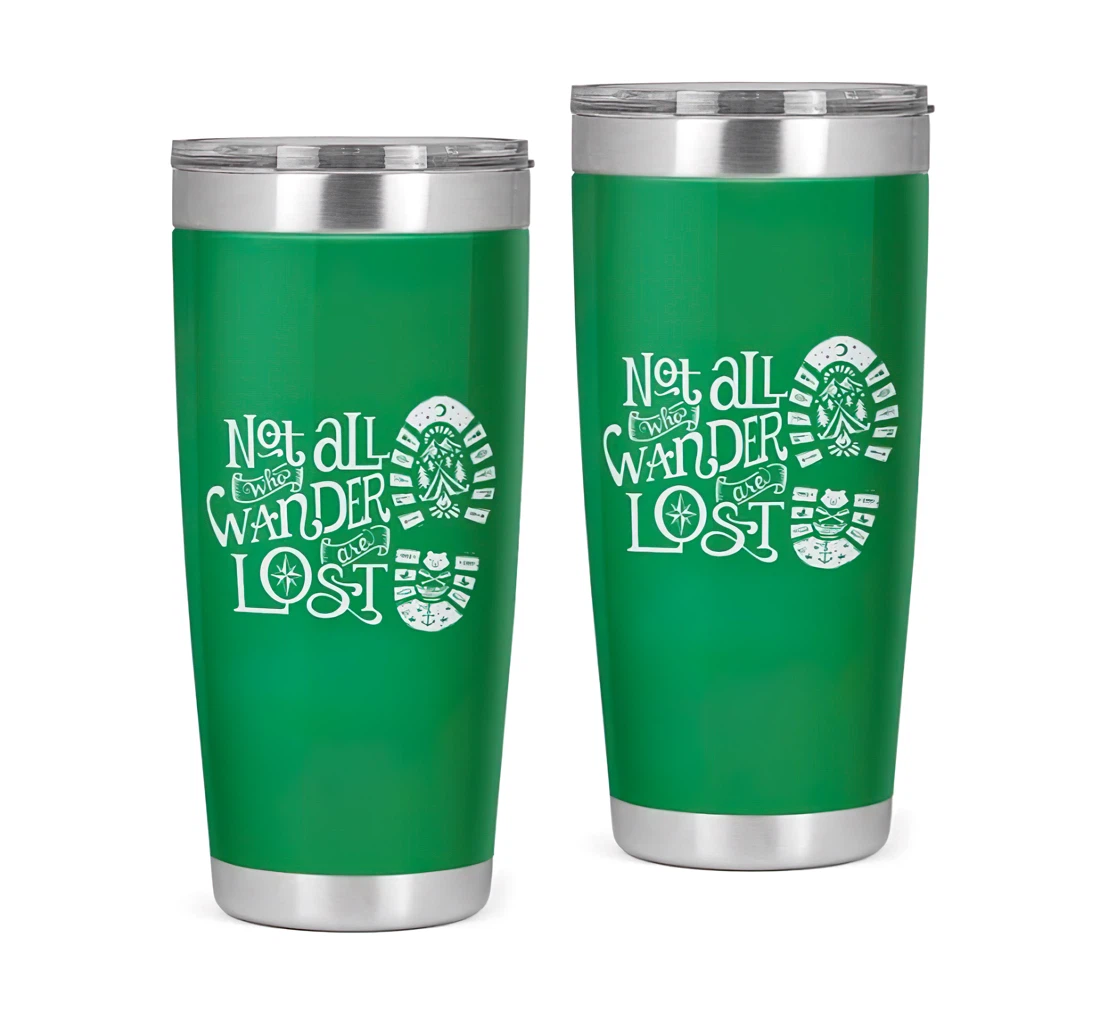 Camping Not All Who Wander Are Lost Footprint Green 3d Printed Insulated Coffee Skinny Cup Double Walled Hot & Cold Drinks Tumbler 20oz With Lid, Mug