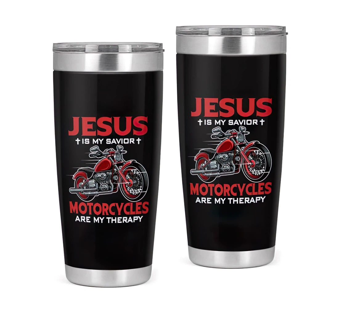 Jesus Is My Savior Motorcycles Are My Therapy 3d Printed Insulated Coffee Skinny Cup Double Walled Hot & Cold Drinks Tumbler 20oz With Lid, Travel Mug