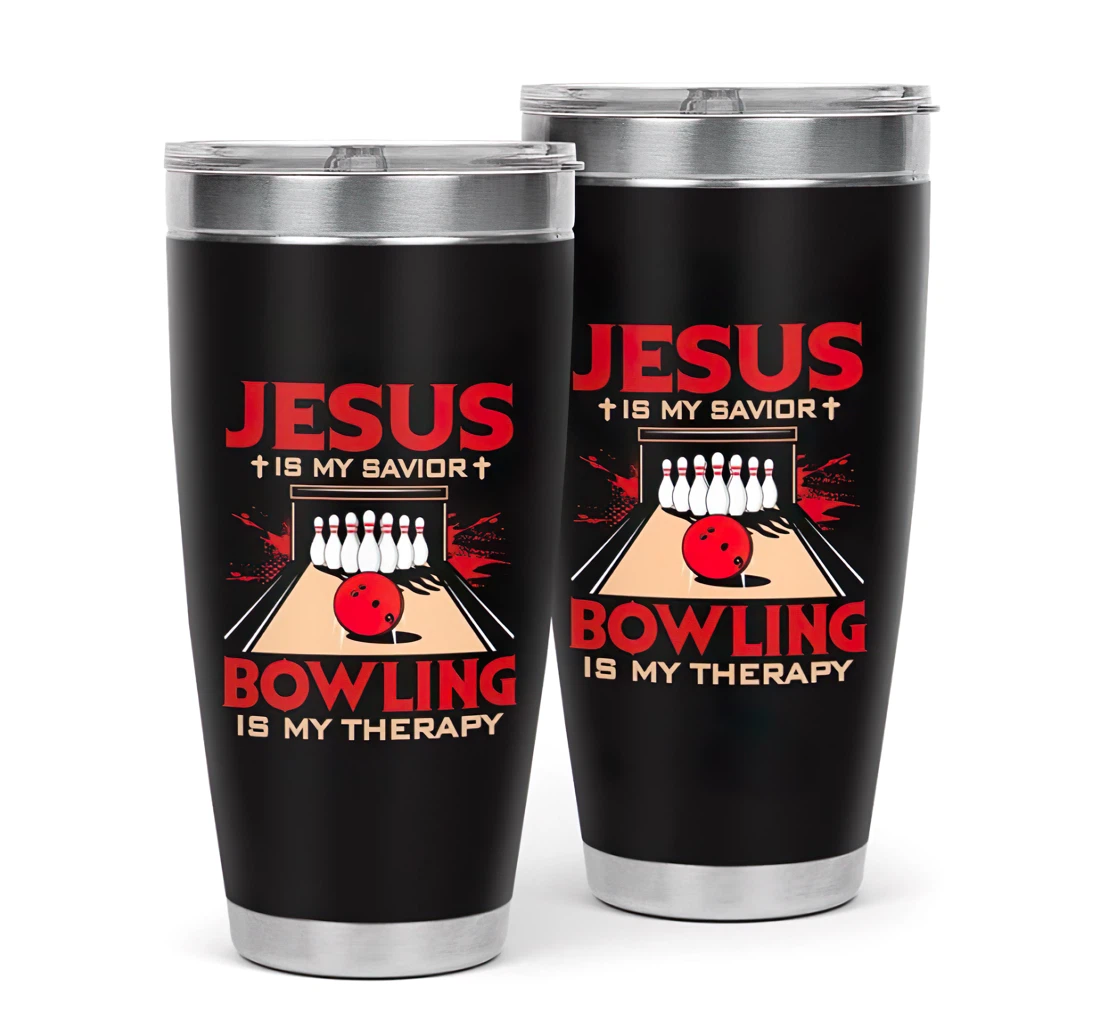 Jesus Is My Savior Bowling Is My Therapy 3d Printed Insulated Coffee Skinny Cup Double Walled Hot & Cold Drinks Tumbler 20oz With Lid, Travel Coffee