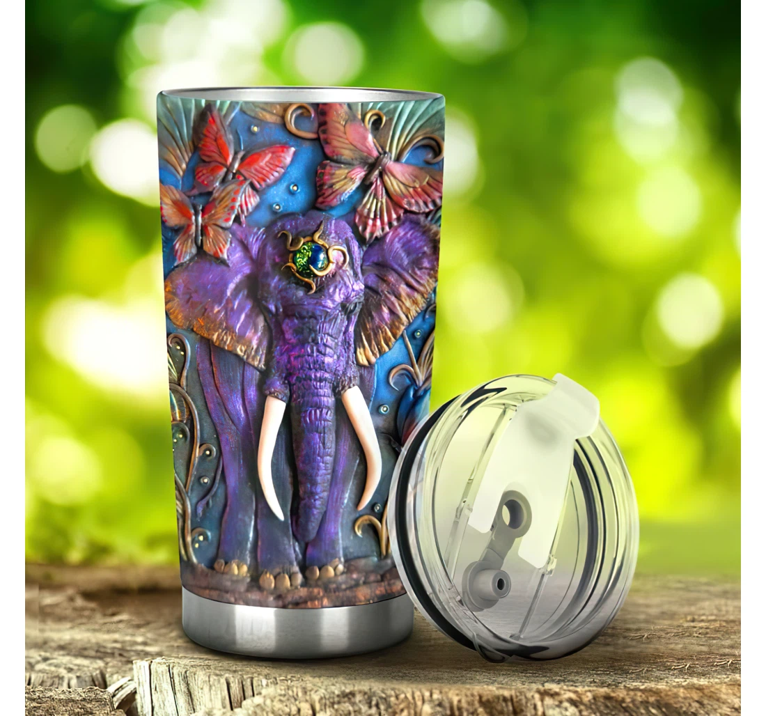 Purple Elephant Clay Art 3d Printed Insulated Coffee Skinny Cup Double Walled Hot & Cold Drinks Tumbler 20-30oz With Lid, Travel Coffee Mug
