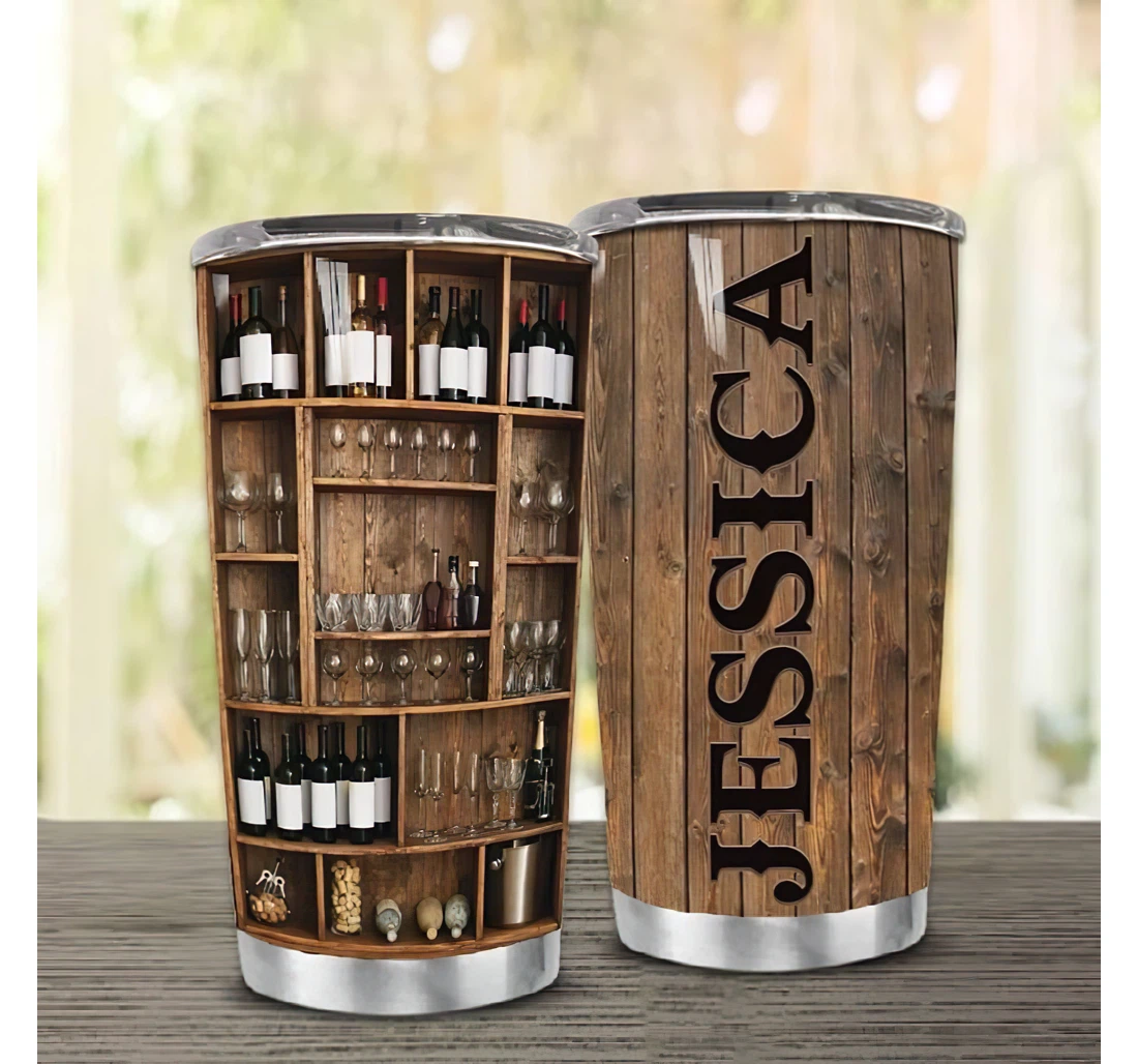 Personalized Name Wine Lover Wood Liquor Cabinet Or Perfect Gifts Birthday Father's Day 4th Of July Veterans Day Tumbler 20-30oz With Lid, Travel Mug