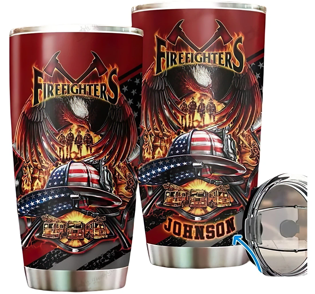 Personalized Name Firefighter Fire Truck Or Perfect Gifts Birthday Father's Day 4th Of July Veterans Day Tumbler 20-30oz With Lid, Travel Coffee Mug