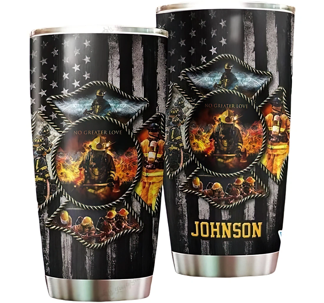 Personalized Name Firefighter Badge Logo Us Flag Or Perfect Gifts Birthday Father's Day 4th Of July Veterans Day Tumbler 20-30oz With Lid, Travel Mug