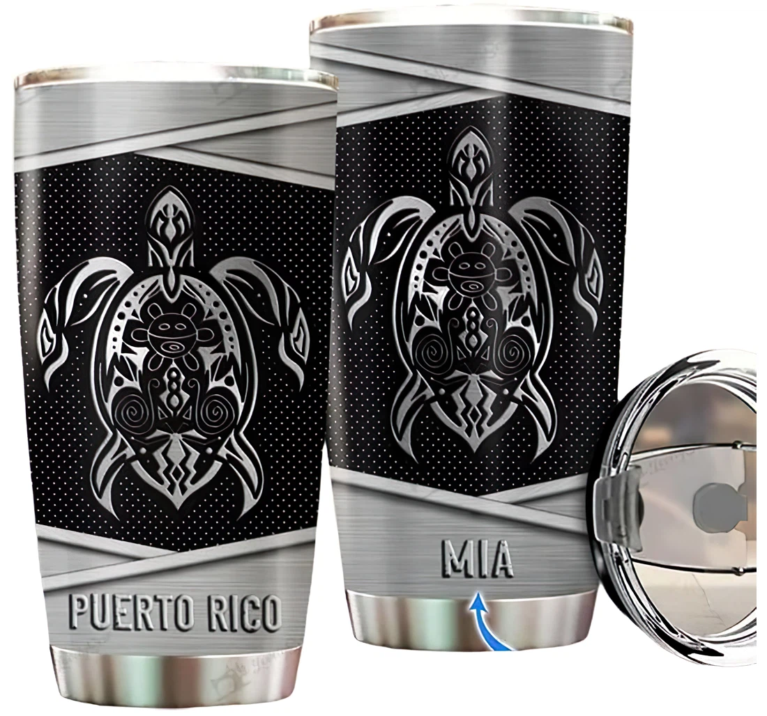 Personalized Name Puerto Rico Turtle Silver Style Or Perfect Gifts Birthday Father's Day 4th Of July Veterans Day Tumbler 20-30oz With Lid, Travel Mug