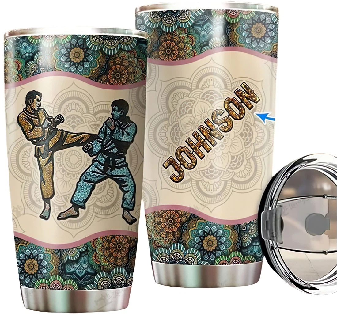 Personalized Name Karate Flower Mandala Pattern Or Perfect Gifts Birthday Father's Day 4th Of July Veterans Day Tumbler 20-30oz With Lid, Travel Mug