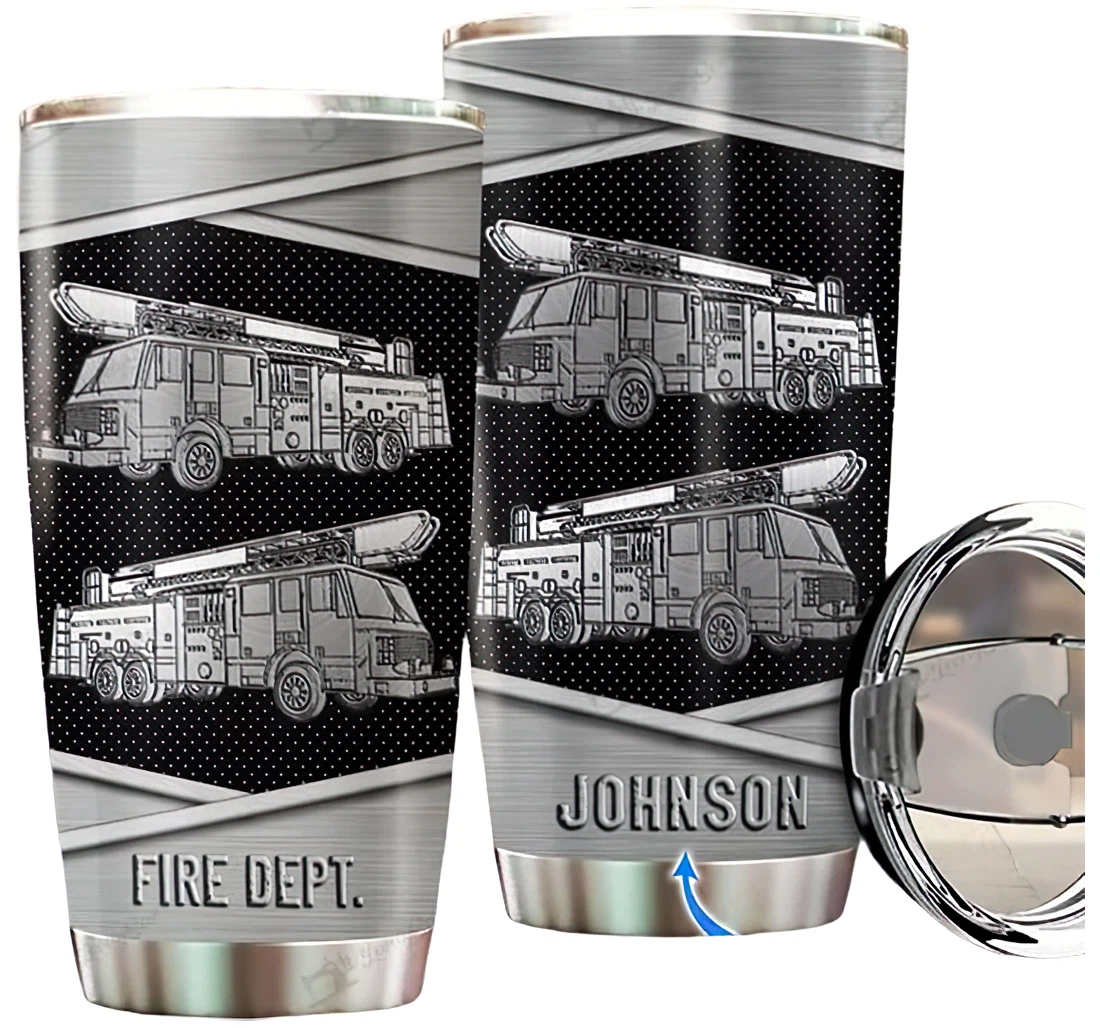 Personalized Name Fire Dept Truck Silver Style Or Perfect Gifts Birthday Father's Day 4th Of July Veterans Day Tumbler 20-30oz With Lid, Travel Coffee