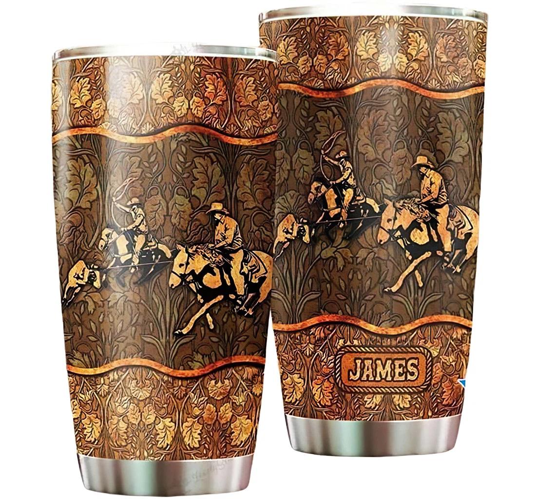 Personalized Name Team Roping Brown Leaves Pattern Vintage Or Perfect Gifts Birthday Father's Day 4th Of July Veterans Day Tumbler 20-30oz With Lid,