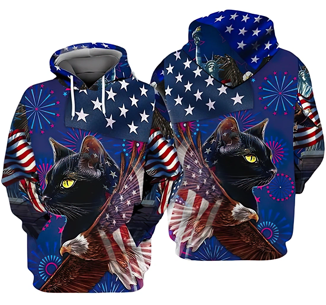 Independence Day American Cat Us Flag Eagle And Firework Art - 3D Printed Hoodie, Sweatshirt