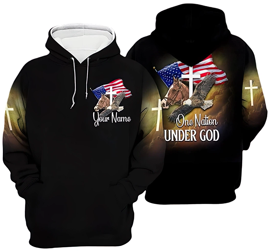 Personalized Name Us Jesus Cross With Eagle & Horse One Nation Under God - 3D Printed Hoodie, Sweatshirt