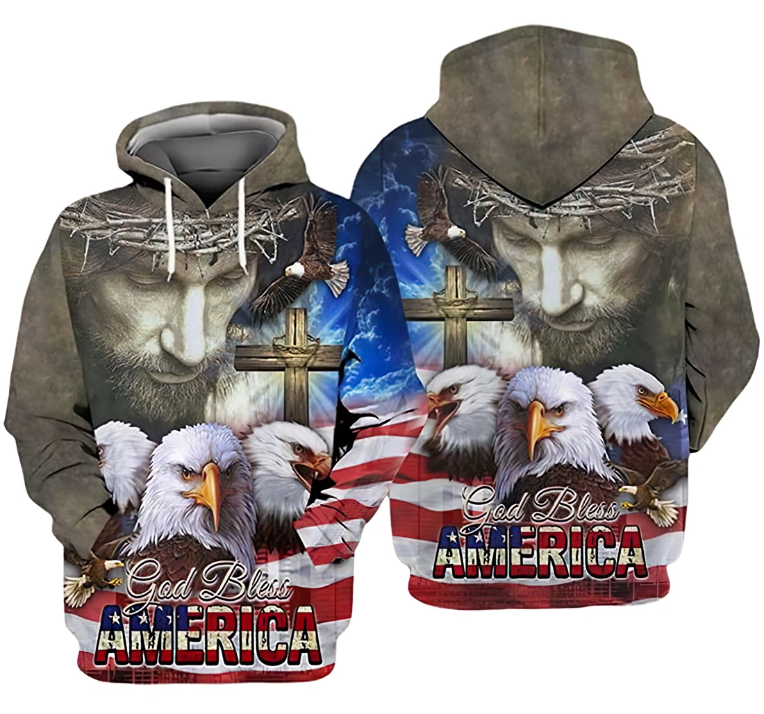 Us Jesus And Eagle God Bless America - 3D Printed Hoodie, Sweatshirt