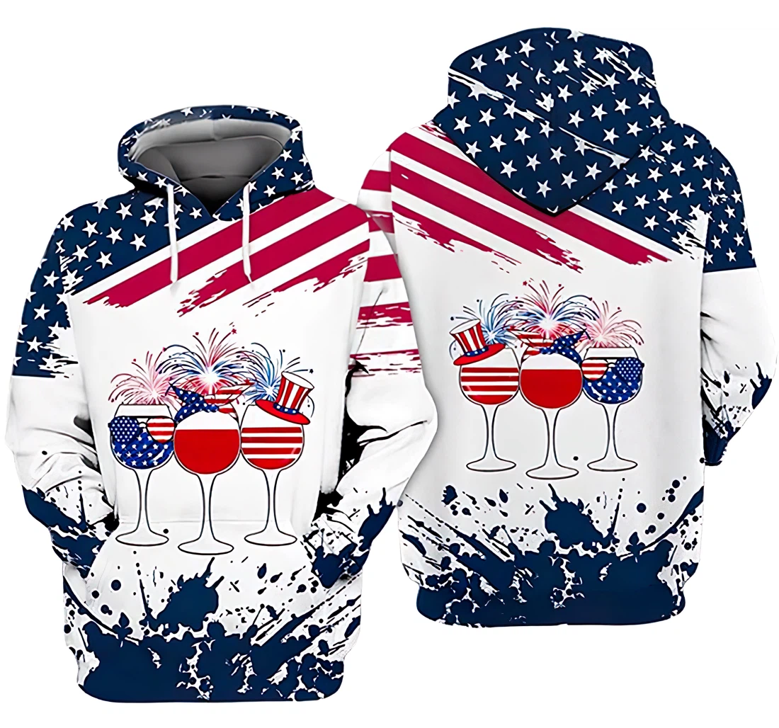 Wine Us Flag And Finework Independence Day Included - 3D Printed Hoodie, Sweatshirt