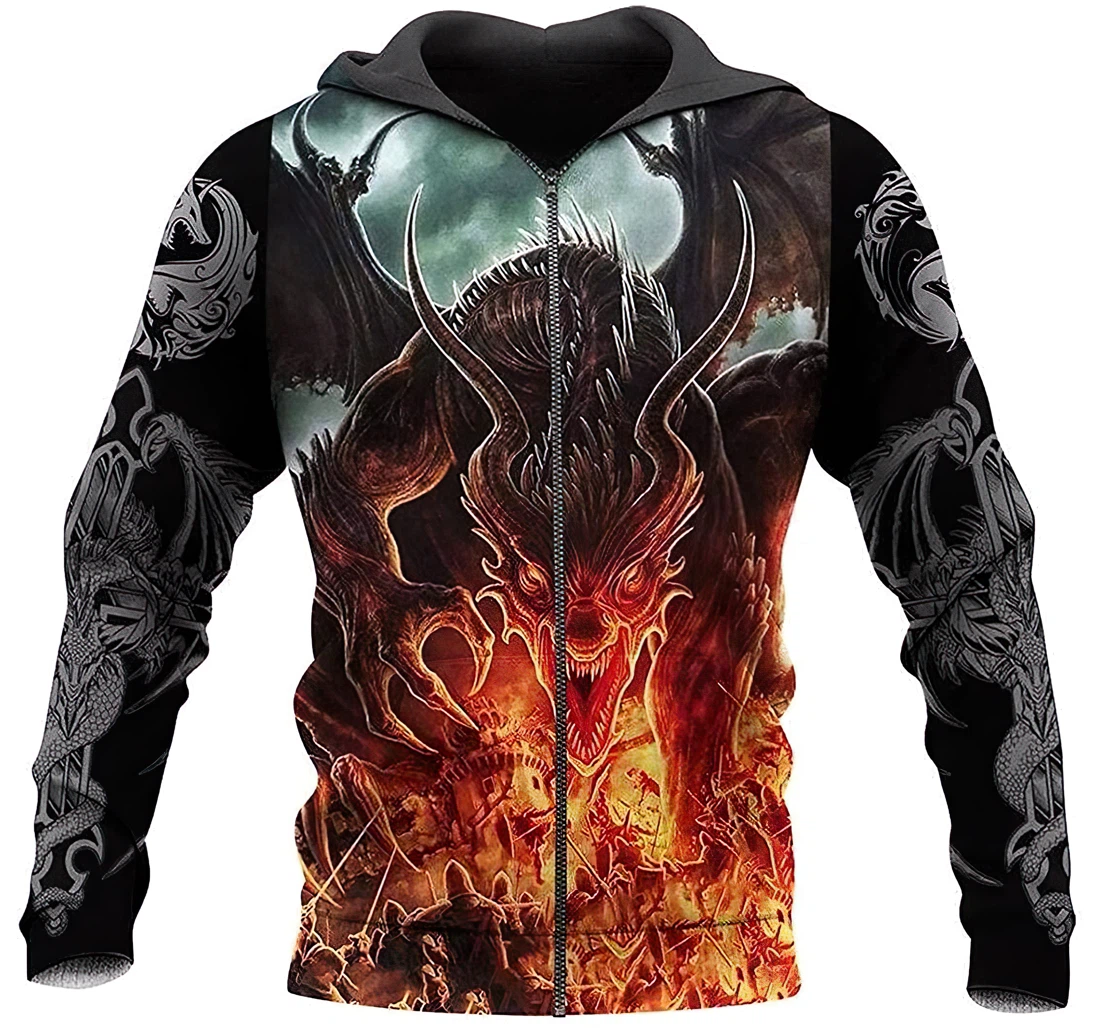 Zip Hoodie - Fire Dragon Fleece Pull Over With Pocket Wool With Pocket And Up - 3D Printed Hoodie, Sweatshirt