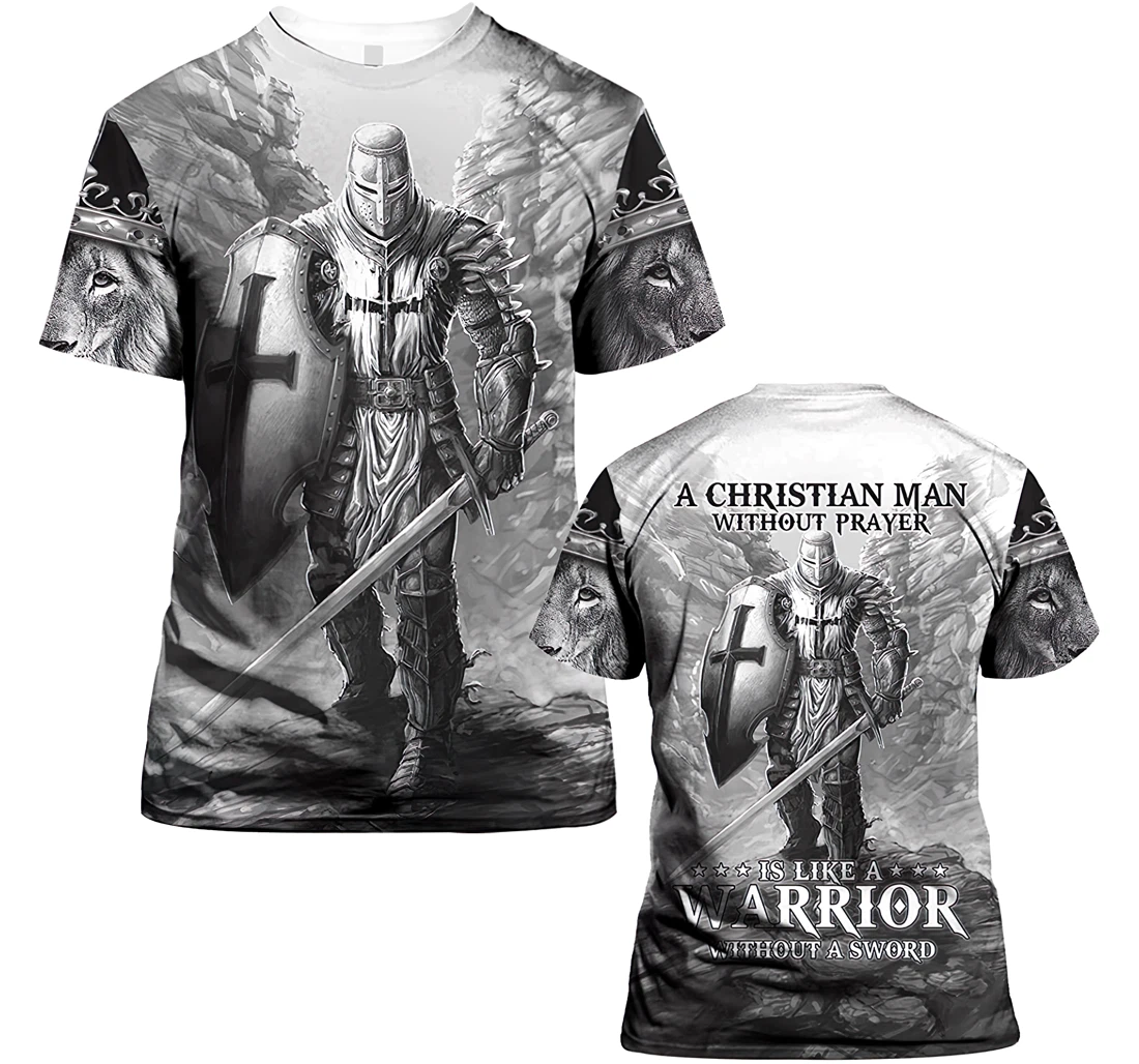 A Christian Man Without Prayer Is Like A Warrior Without A Sword Gift Christian Warrior Printing Light Blue - 3D Printed T-shirt