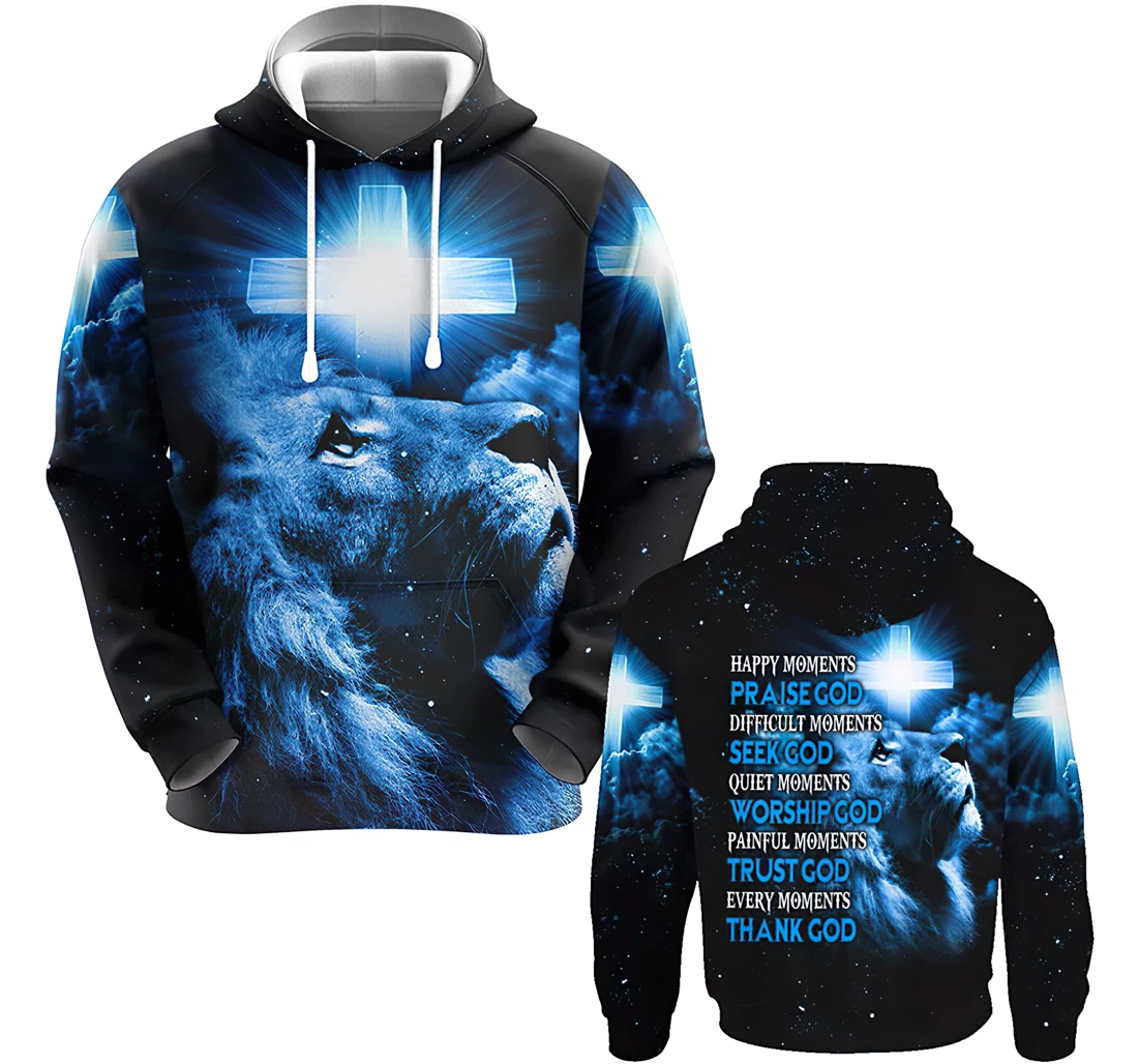 Every Moment Thank God Blue Lion Jesus Cross Gift Christian Warrior Printing - 3D Printed Hoodie, Sweatshirt