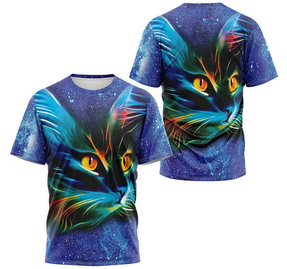 T-Shirt, Hoodie - Galaxy Blue Multicolor Neon Cat Face 3D Printed