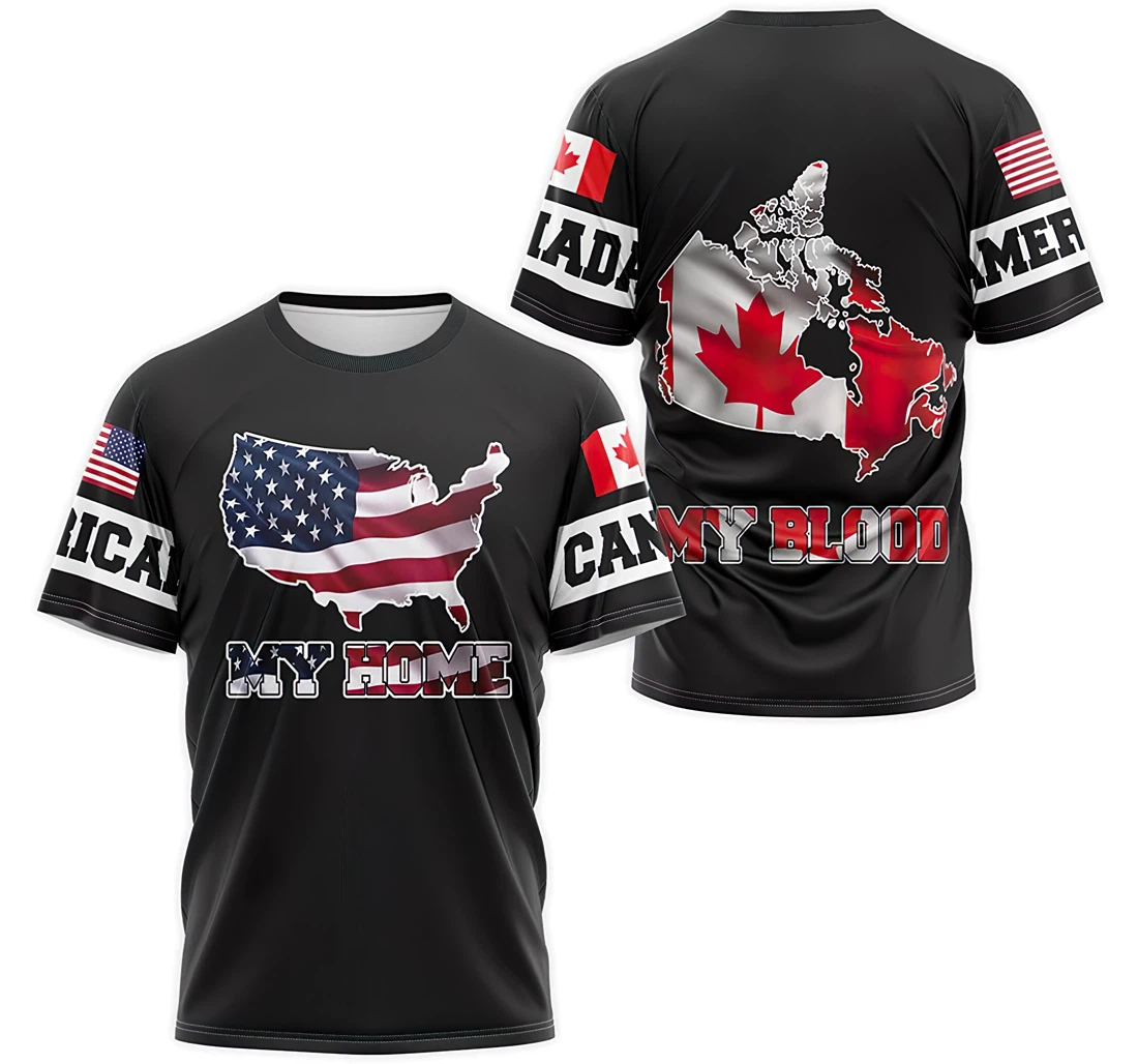 T-Shirt, Hoodie - My Home My Blood American Canadian On Map 3D Printed