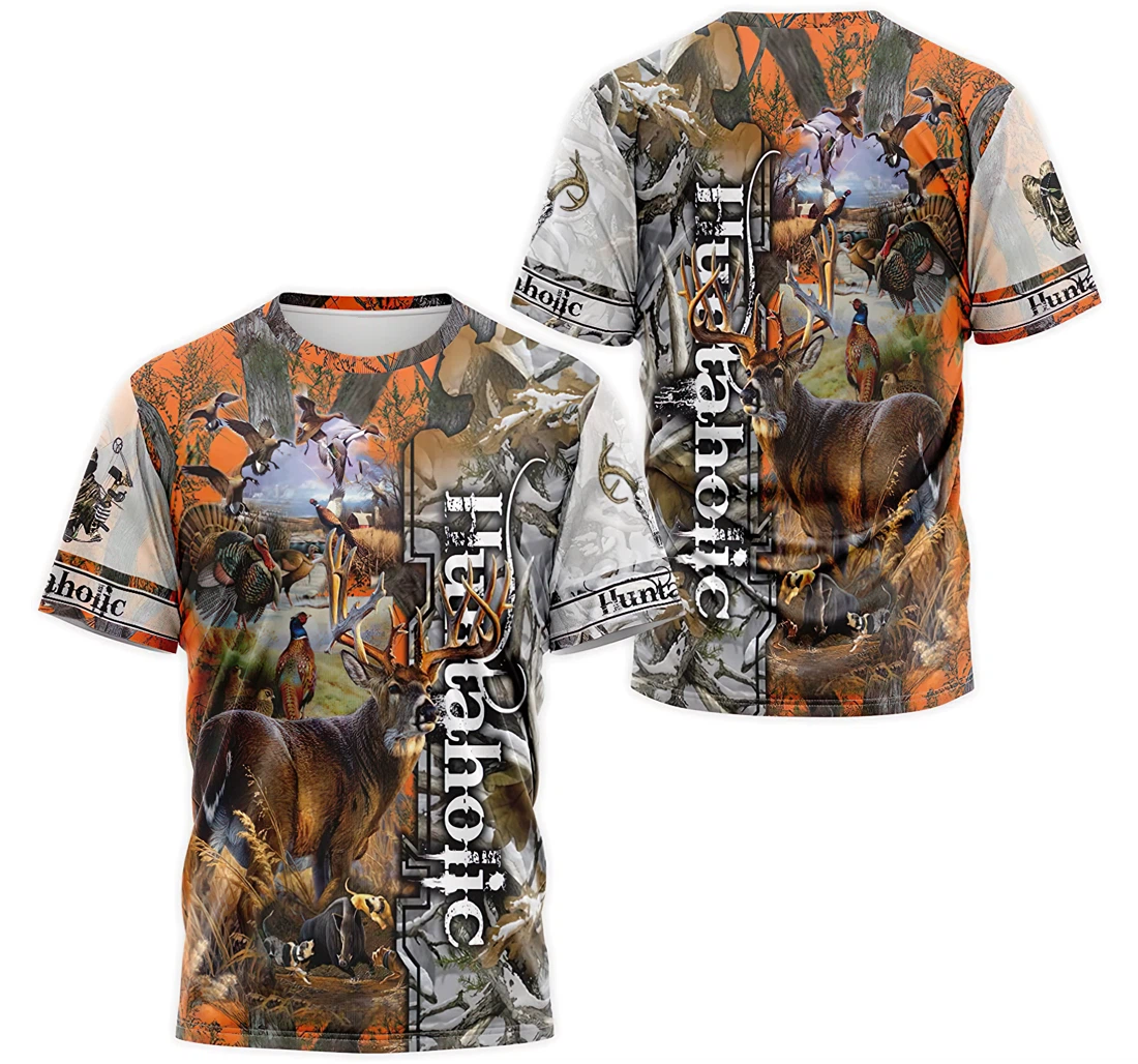 T-Shirt, Hoodie - Huntaholic Skull Deer Boar Mallard Duck Turkey Chicken Reaper Bow Hunting Orange Tree Camo 3D Printed