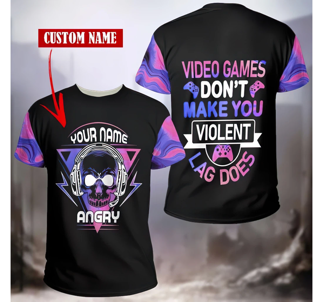 Personalized Name Gamer Skull Video Game Dont Make You Violent Lag Does - 3D Printed Hoodie, Sweatshirt