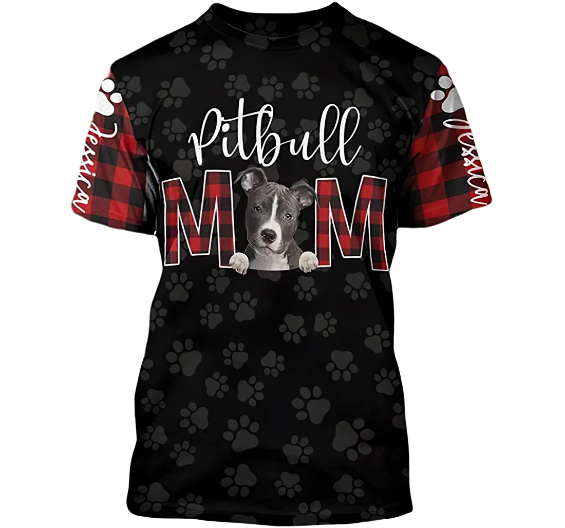 Personalized Name Pitbull Mom Dog Lover Paw Pattern - 3D Printed T-shirt