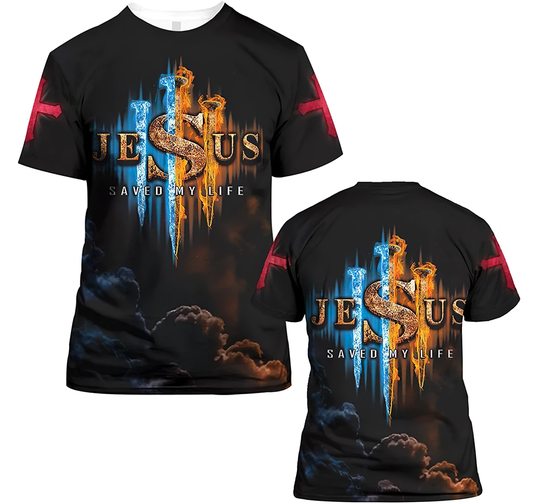 Jesus Saved My Life Fire Ice Christian Gift Christian Warrior Printing Light Blue - 3D Printed T-shirt