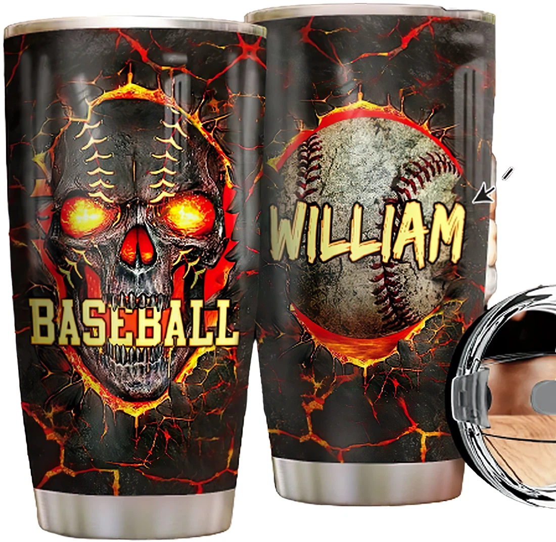 Personalized Tumblers - Baseball Skull Tumbler 20oz, 30oz With Lid Cup Travel Coffee Mug